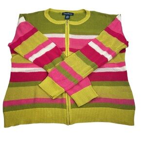 Evan-Picone Full Zip Eyelet Long Sleeve Sweater Cardigan XL Green Pink White Red